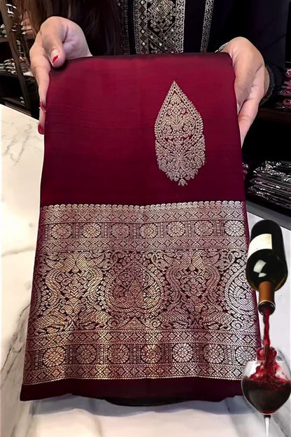 Elegant Maroon Banarasi Soft Silk Saree with Golden Butta Weaving