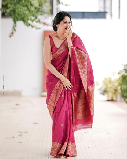 Banarasi Soft Silk Saree with Traditional Motifs & Copper Zari Weaving