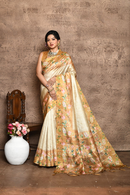 Effortless Grace: Designer Tussar Silk Saree with Contrast Accents