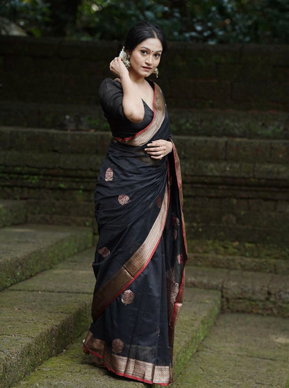 Graceful Elegance – Banarasi Soft Silk Saree with Gold Zari Weaving