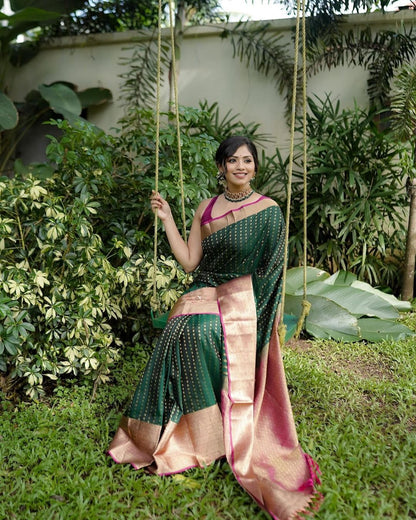 Elegant Green Banarasi Soft Silk Saree with Gold Zari Border