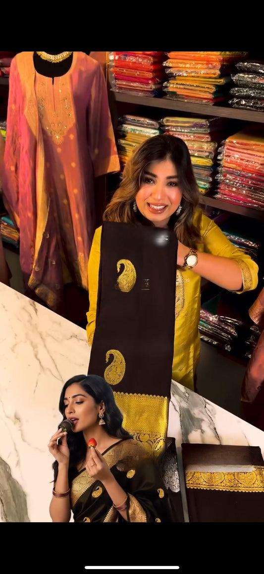 Elegant Black Banarasi Soft Silk Saree with Golden Paisley Weaving