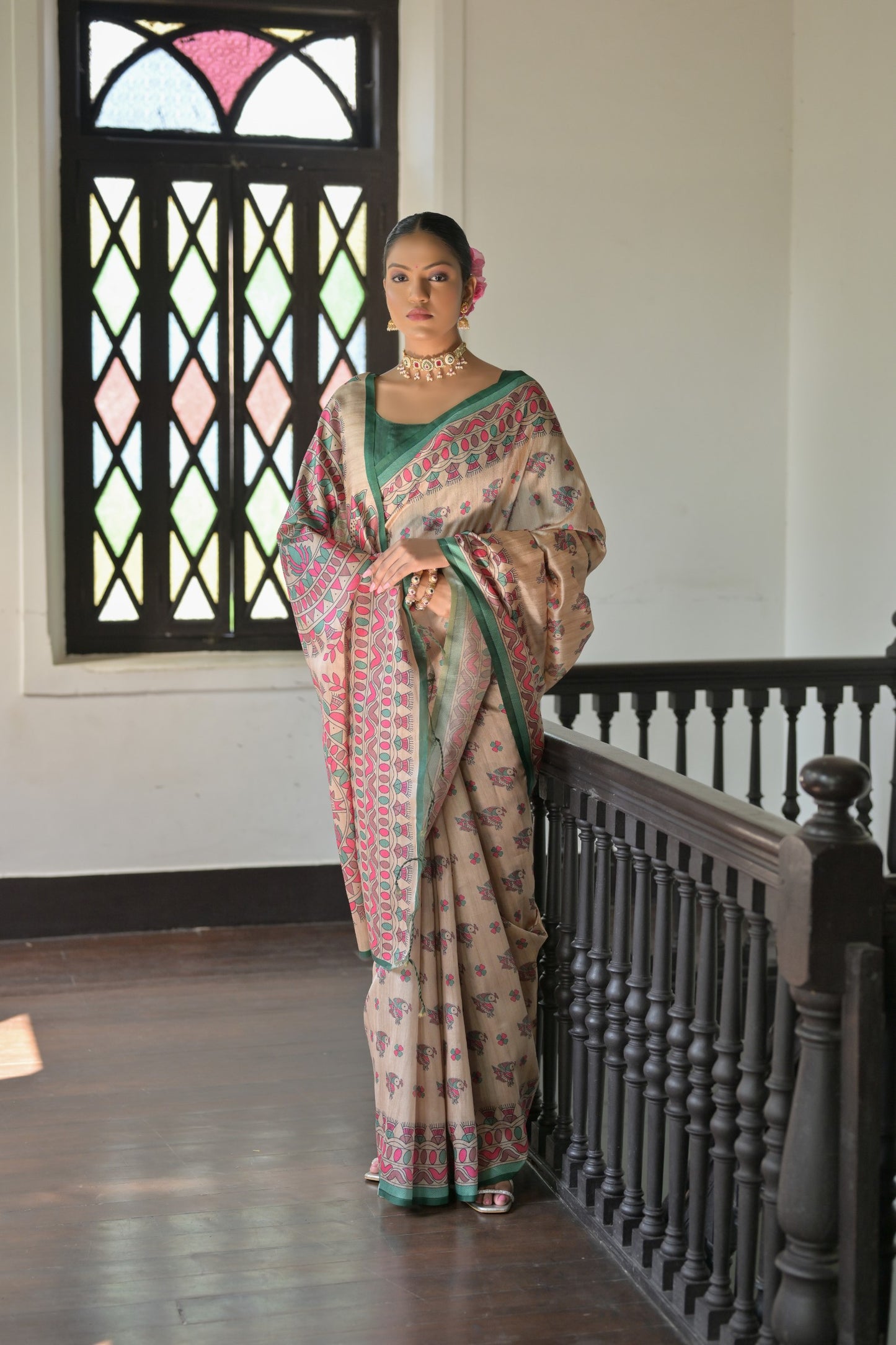 Graceful Soft Tussar Silk Saree with Printed Pallu and Contrast Blouse