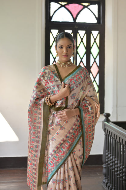 Graceful Soft Tussar Silk Saree with Printed Pallu and Contrast Blouse