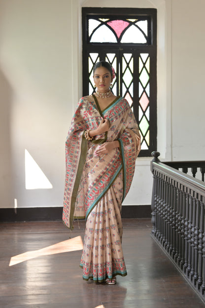 Graceful Soft Tussar Silk Saree with Printed Pallu and Contrast Blouse