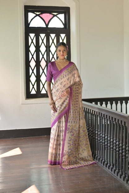 Graceful Soft Tussar Silk Saree with Printed Pallu and Contrast Blouse