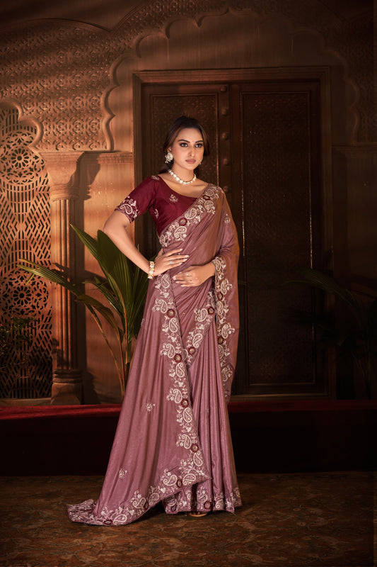 Timeless Mauve Elegance – Embroidered Hand Work Saree