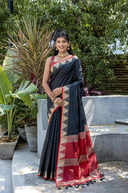 Charming Semi Tussar Silk Saree with Temple Border and Zari Pallu