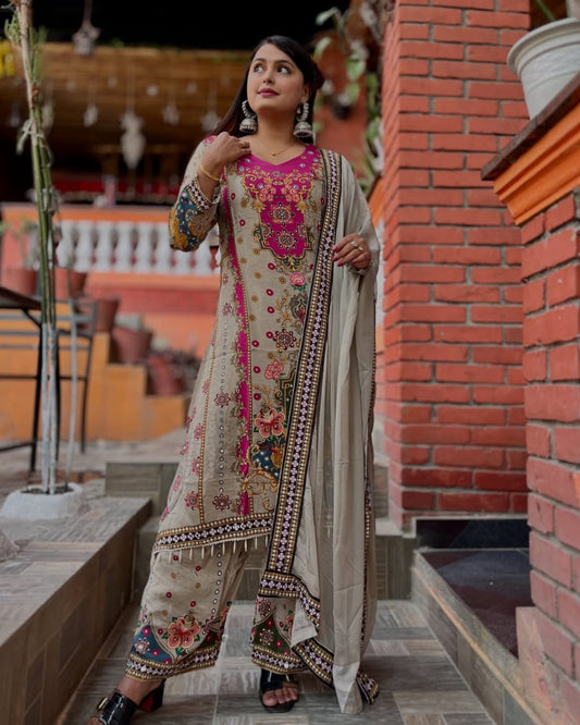 Graceful Anarkali Sharara Set in Soothing Summer Muslin Cotton
