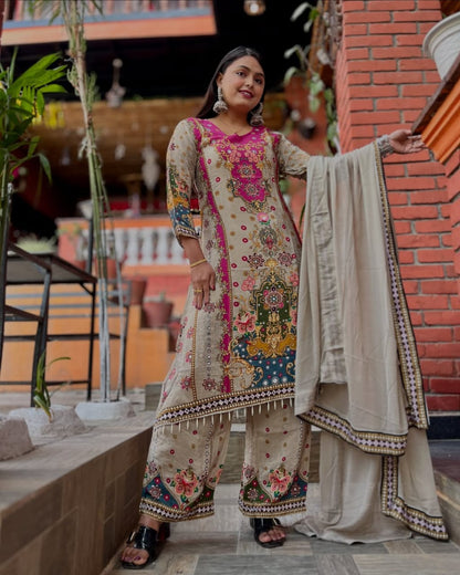 Graceful Anarkali Sharara Set in Soothing Summer Muslin Cotton