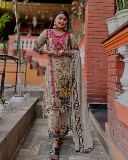 Graceful Anarkali Sharara Set in Soothing Summer Muslin Cotton