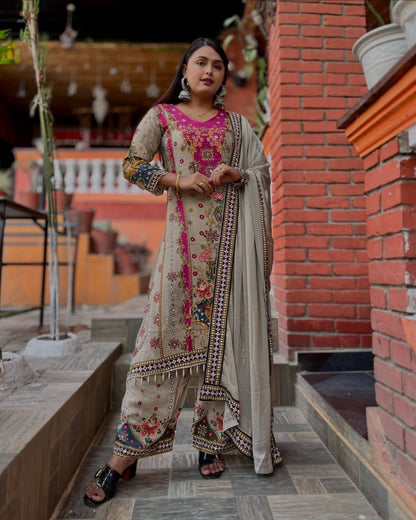 Graceful Anarkali Sharara Set in Soothing Summer Muslin Cotton