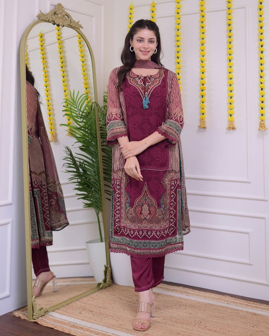 Elegant Rajhans Muslin Pakistani Suit Set with Hand Embroidery