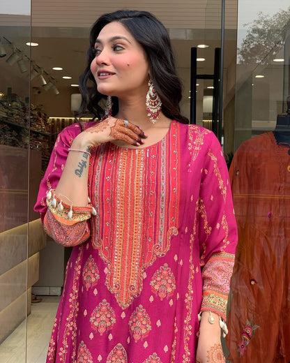 Reshmi Pink Silk Suit Set with Schiffli Work