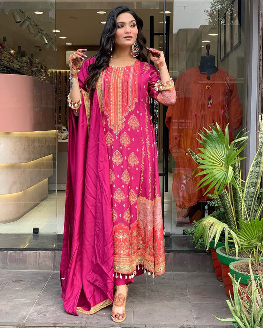 Reshmi Pink Silk Suit Set with Schiffli Work