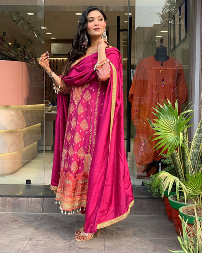 Reshmi Pink Silk Suit Set with Schiffli Work