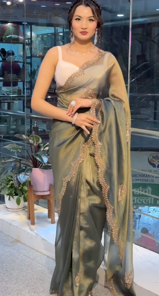 Royal Olive Green Satin Saree with Zarkhan Work
