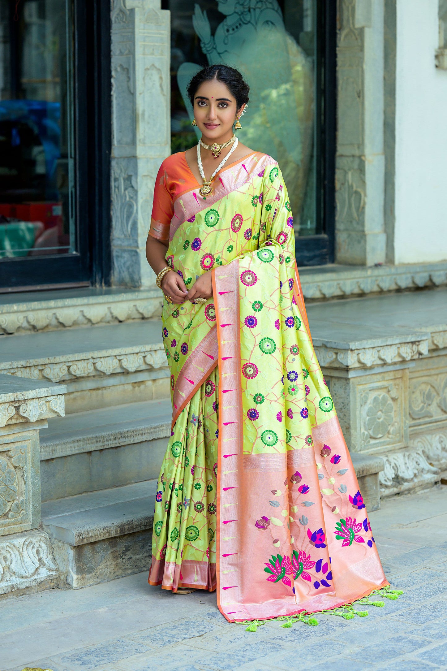 Soft Banarasi Silk Paithani Saree with Floral Zari & Meena Weaving, Contrast Border, and Fancy Tassels