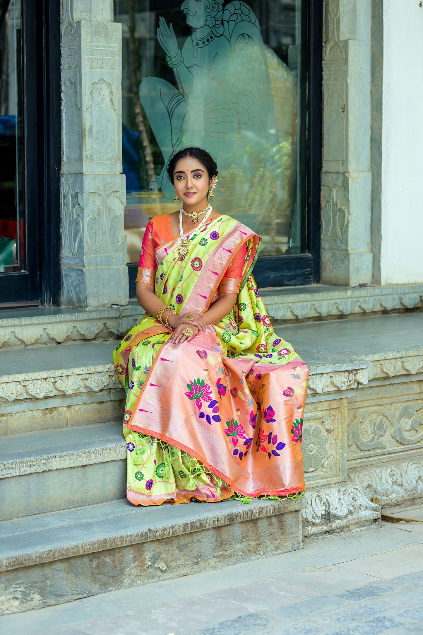 Soft Banarasi Silk Paithani Saree with Floral Zari & Meena Weaving, Contrast Border, and Fancy Tassels