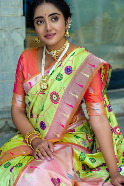 Soft Banarasi Silk Paithani Saree with Floral Zari & Meena Weaving, Contrast Border, and Fancy Tassels