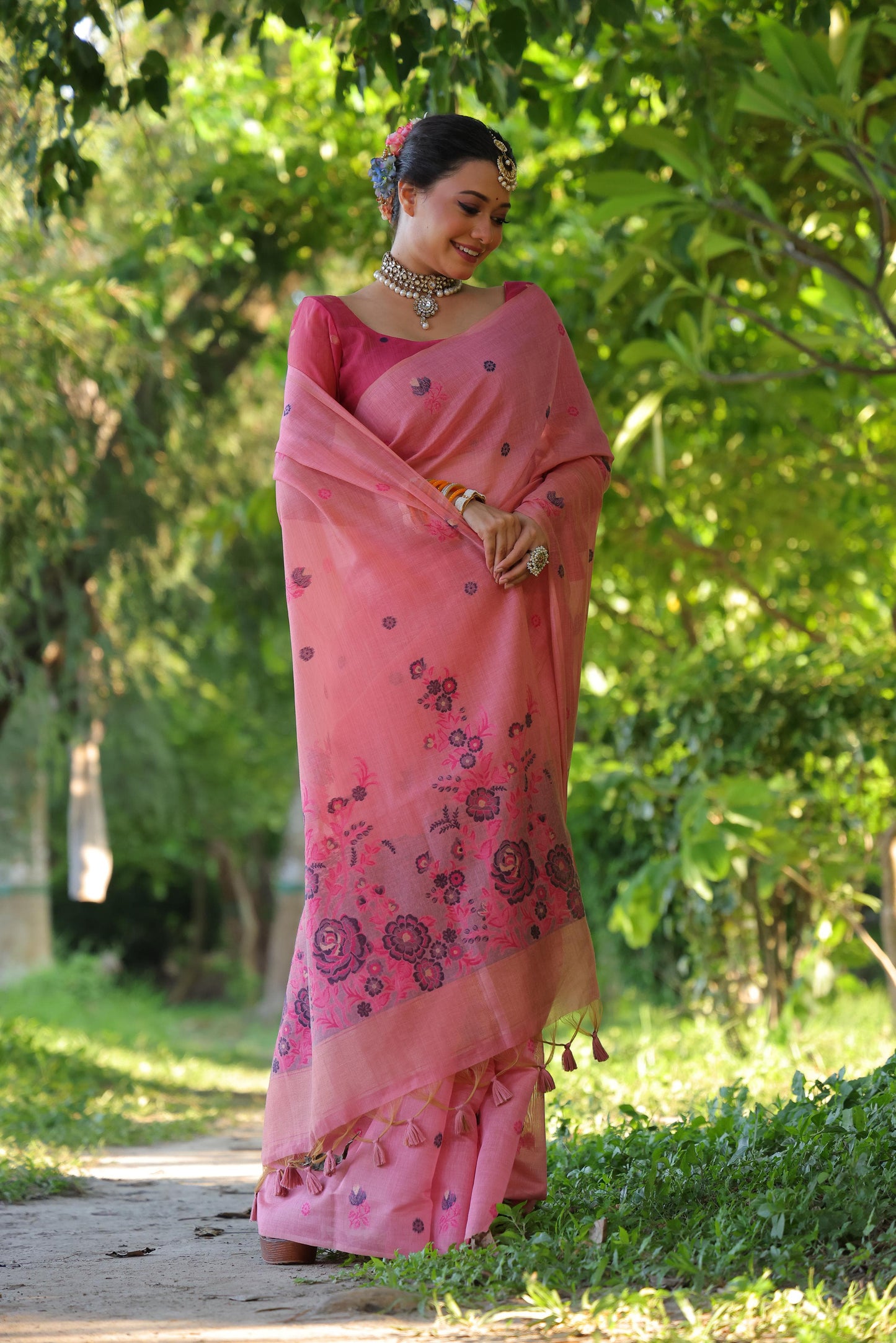 Premium Soft Muga Cotton Saree with Floral Weaving, Resham Pallu, and Fancy Tassels