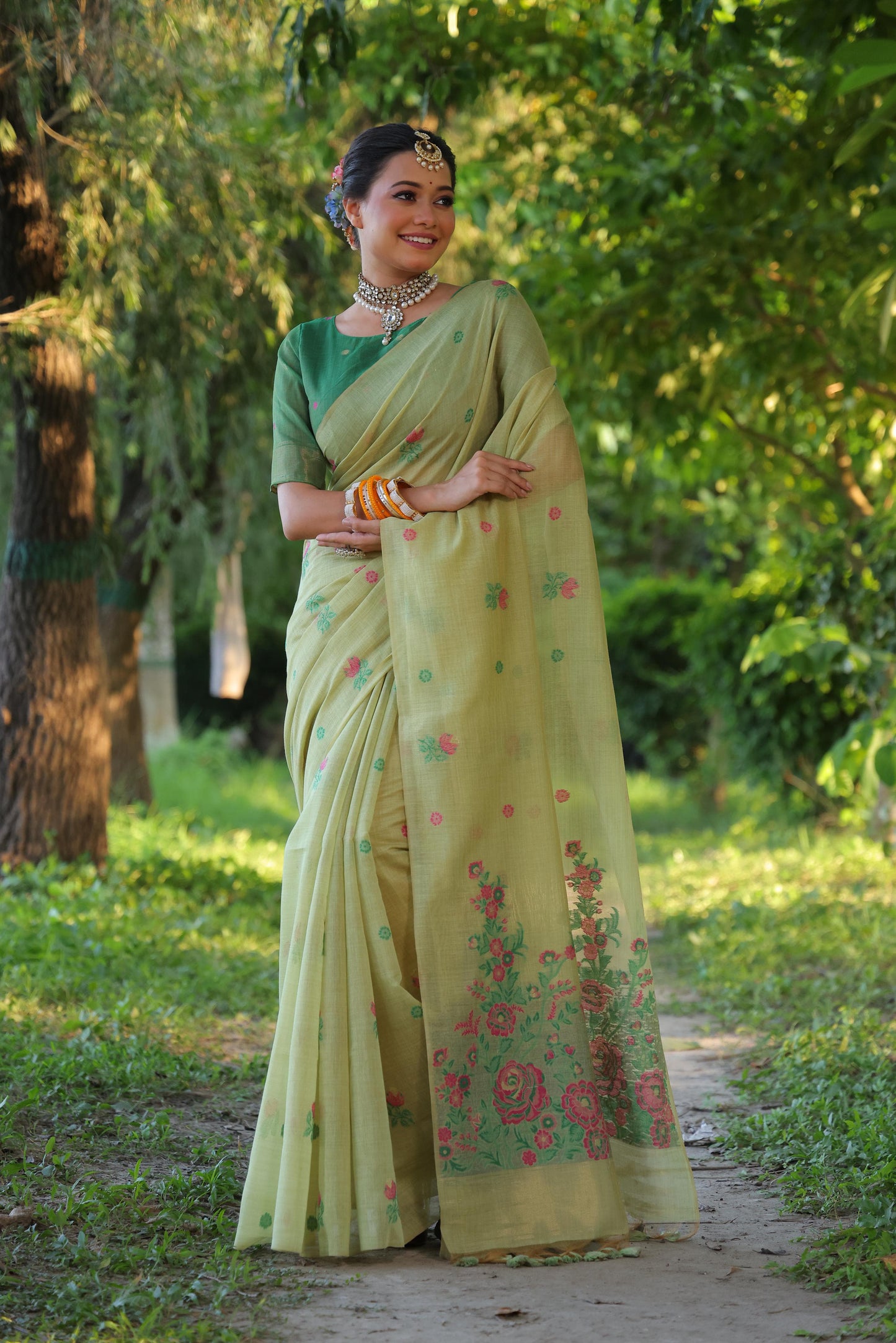 Premium Soft Muga Cotton Saree with Floral Weaving, Resham Pallu, and Fancy Tassels