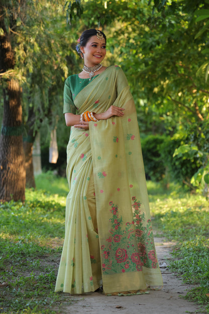 Premium Soft Muga Cotton Saree with Floral Weaving, Resham Pallu, and Fancy Tassels