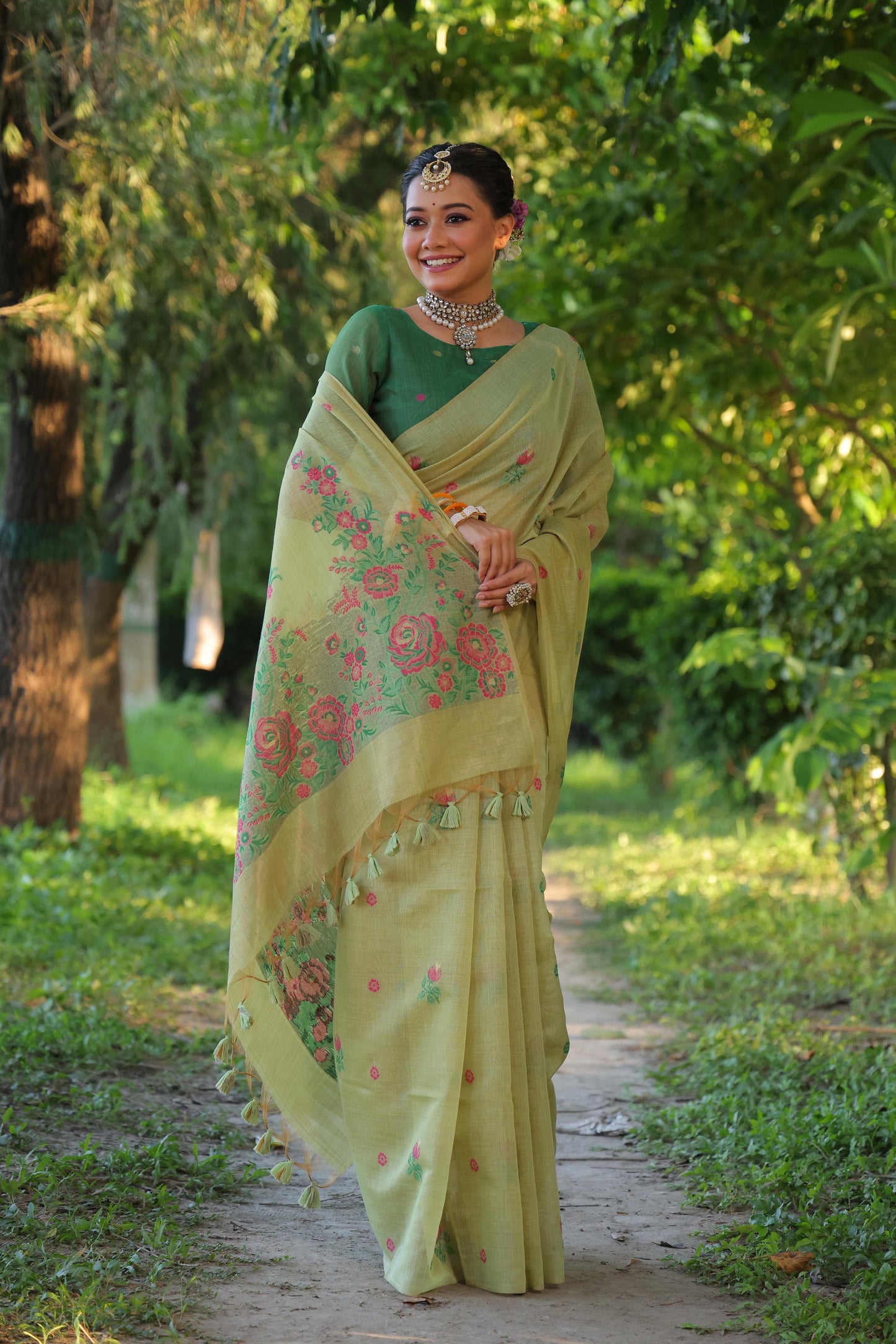 Premium Soft Muga Cotton Saree with Floral Weaving, Resham Pallu, and Fancy Tassels