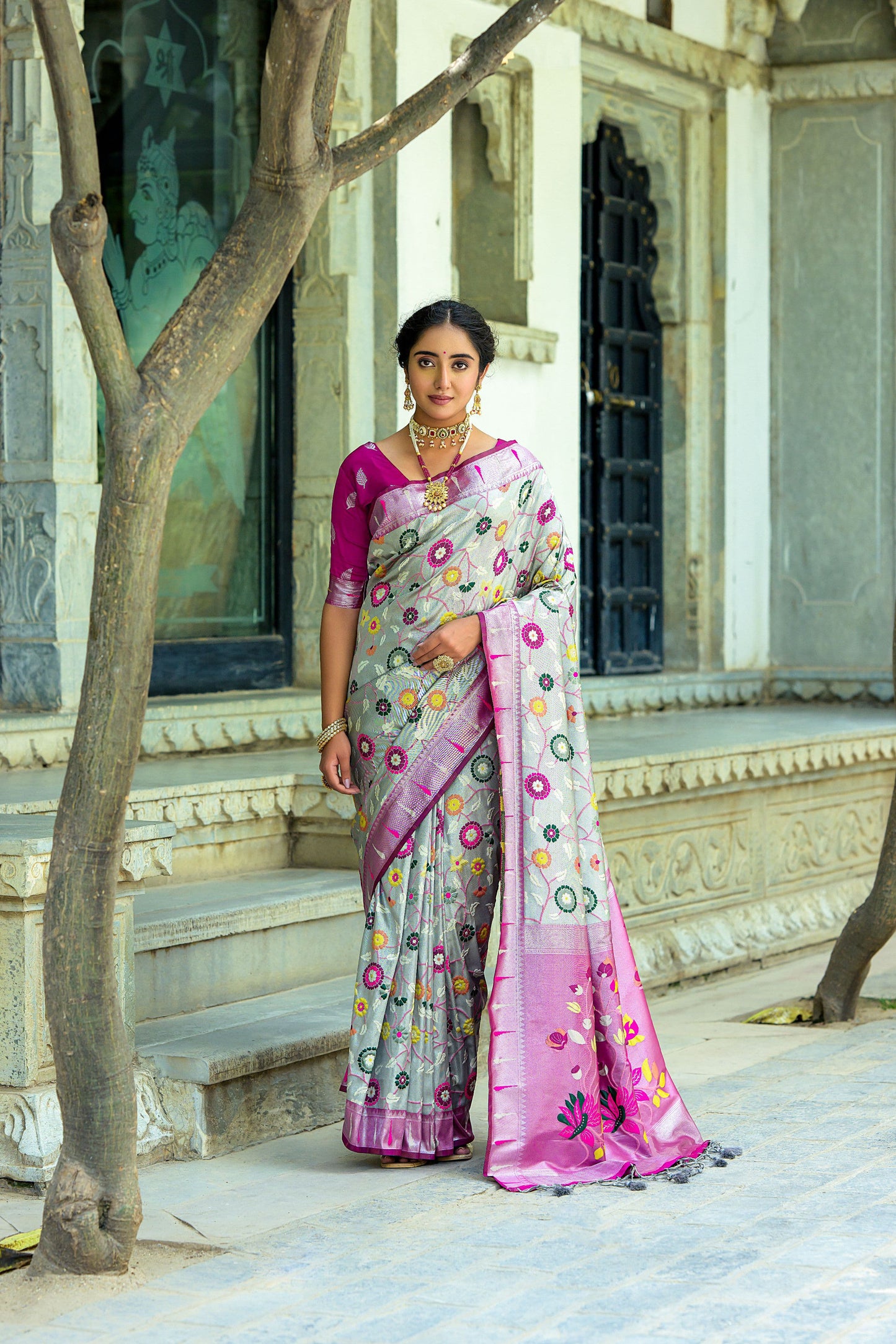 Soft Banarasi Silk Paithani Saree with Floral Zari & Meena Weaving, Contrast Border, and Fancy Tassels