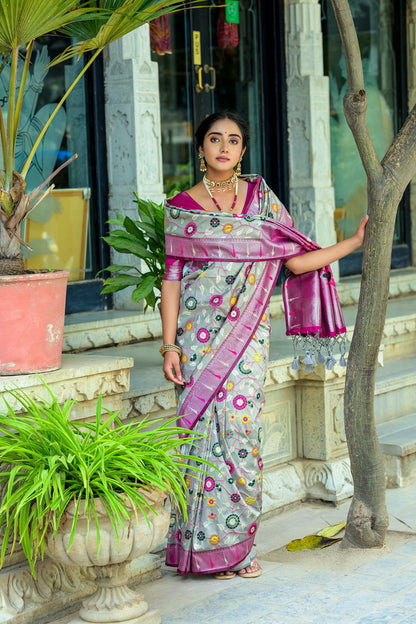 Soft Banarasi Silk Paithani Saree with Floral Zari & Meena Weaving, Contrast Border, and Fancy Tassels