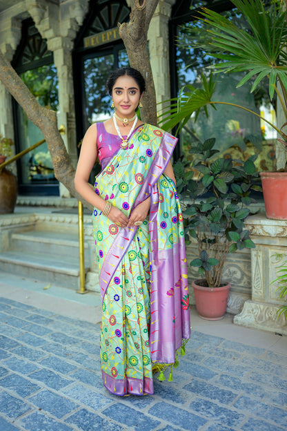 Soft Banarasi Silk Paithani Saree with Floral Zari & Meena Weaving, Contrast Border, and Fancy Tassels