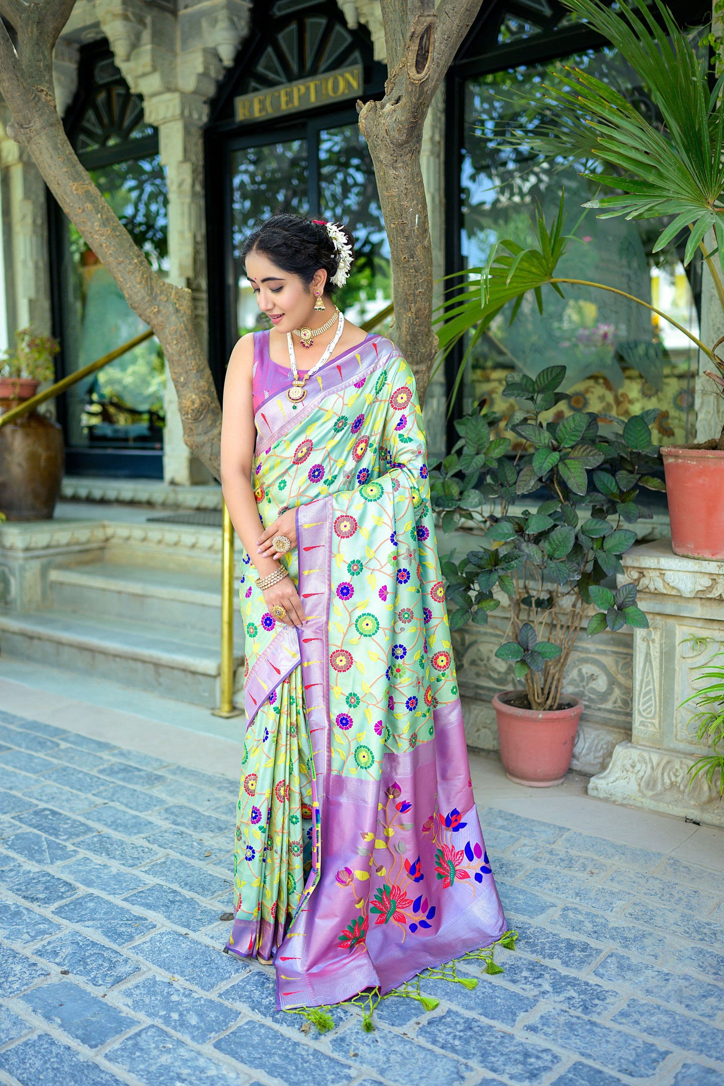 Soft Banarasi Silk Paithani Saree with Floral Zari & Meena Weaving, Contrast Border, and Fancy Tassels