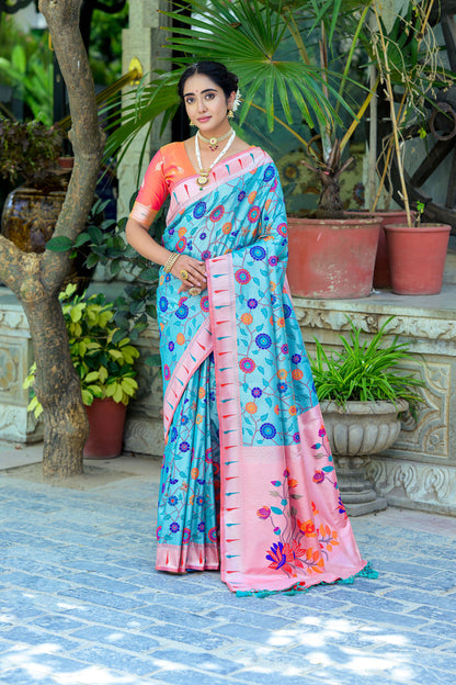 Soft Banarasi Silk Paithani Saree with Floral Zari & Meena Weaving, Contrast Border, and Fancy Tassels