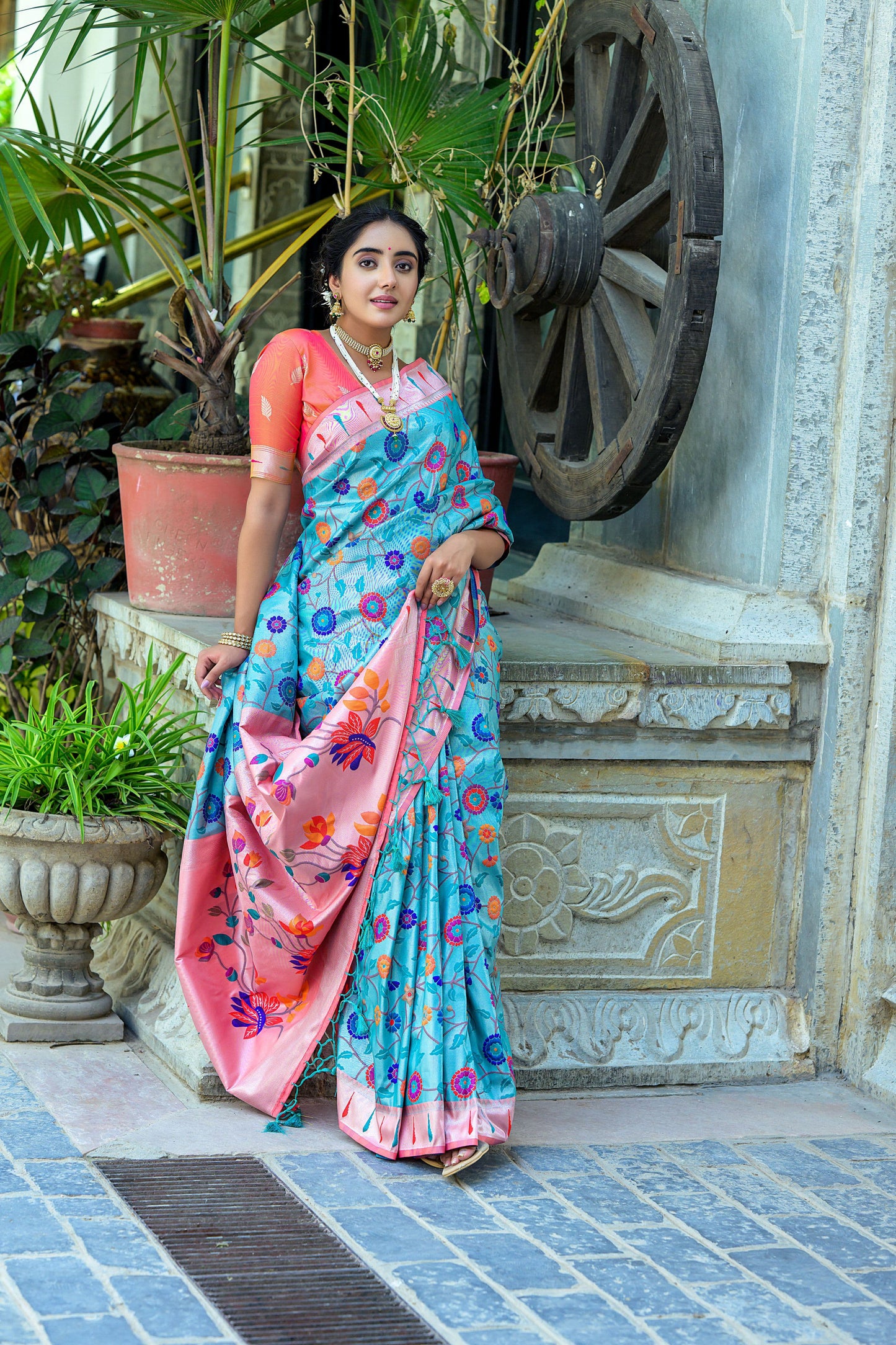 Soft Banarasi Silk Paithani Saree with Floral Zari & Meena Weaving, Contrast Border, and Fancy Tassels