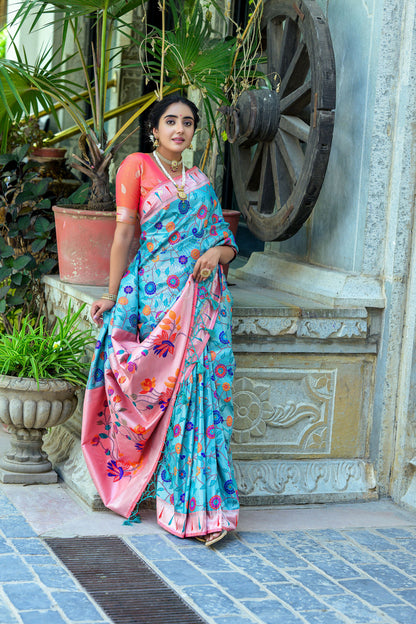 Soft Banarasi Silk Paithani Saree with Floral Zari & Meena Weaving, Contrast Border, and Fancy Tassels