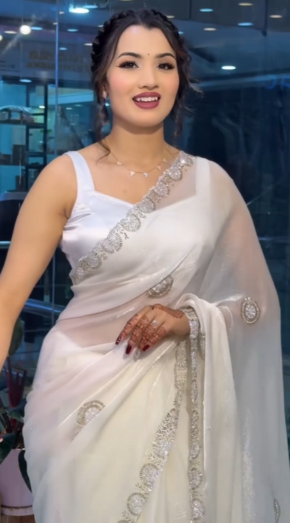 Elegant White Zarkan Work Fandy Sifforn Saree – Shakuntala Saree