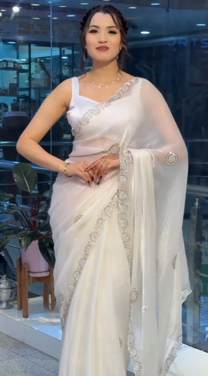 Elegant White Zarkan Work Fandy Sifforn Saree – Shakuntala Saree