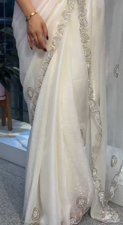 Elegant White Zarkan Work Fandy Sifforn Saree – Shakuntala Saree