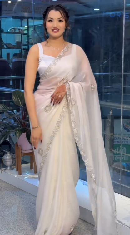 Elegant White Zarkan Work Fandy Sifforn Saree – Shakuntala Saree