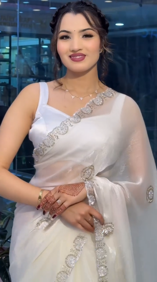 Elegant White Zarkan Work Fandy Sifforn Saree – Shakuntala Saree