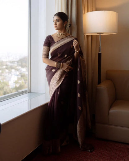 Elegant Deep Maroon Banarasi Soft Silk Saree with Intricate Gold Zari Weaving