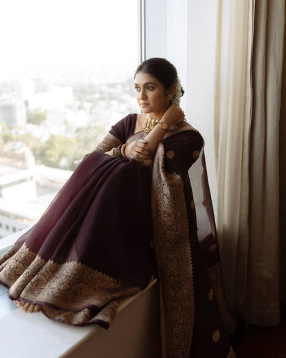 Elegant Deep Maroon Banarasi Soft Silk Saree with Intricate Gold Zari Weaving
