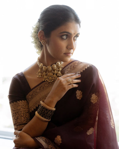 Elegant Deep Maroon Banarasi Soft Silk Saree with Intricate Gold Zari Weaving