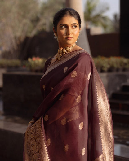 Elegant Deep Maroon Banarasi Soft Silk Saree with Intricate Gold Zari Weaving