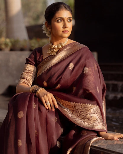 Elegant Deep Maroon Banarasi Soft Silk Saree with Intricate Gold Zari Weaving