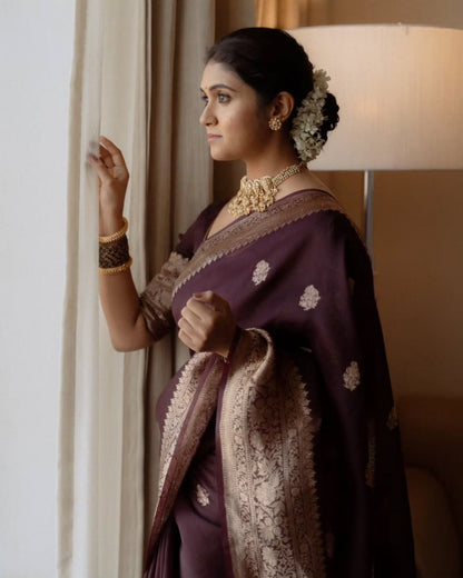 Elegant Deep Maroon Banarasi Soft Silk Saree with Intricate Gold Zari Weaving