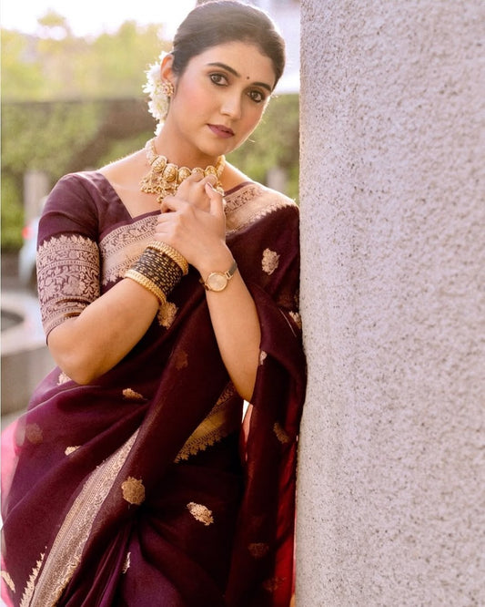 Elegant Deep Maroon Banarasi Soft Silk Saree with Intricate Gold Zari Weaving