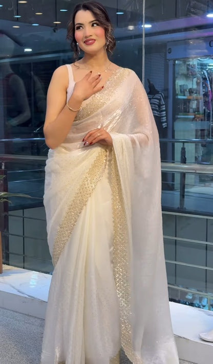 Soft Georgette Designer Party Wear Saree With Swarovski Zarkan Work