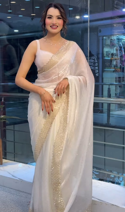 Soft Georgette Designer Party Wear Saree With Swarovski Zarkan Work