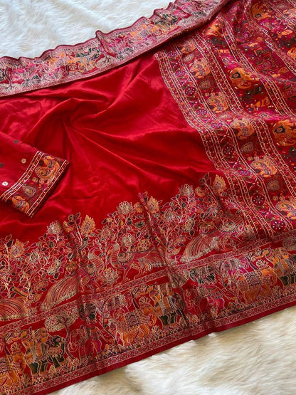 Pure Rajwadi Pashmina Weaving Silk Saree with Zari Border & Hand-Dyed Elegance